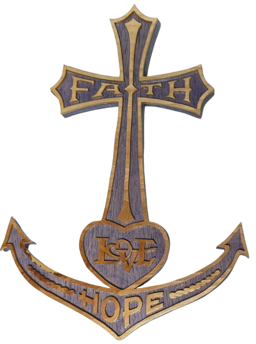 Decorative wall piece with cross, heart, and 'Faith Hope Love' text on a white background