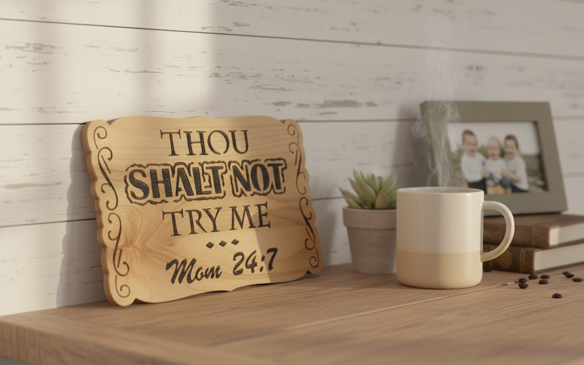 Thou Shalt Not plaque in farmhouse kitchen setting